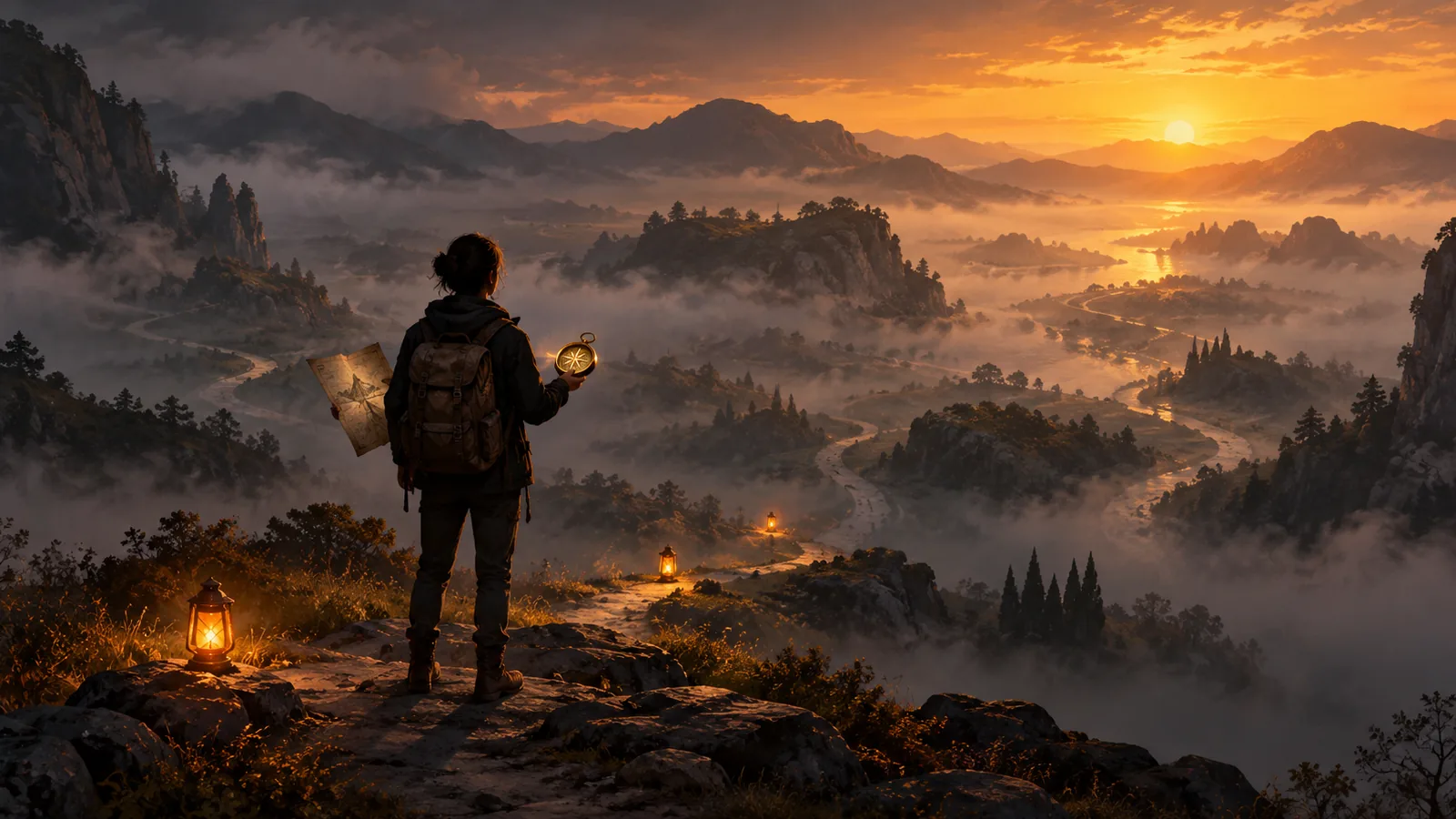 A traveler with a glowing compass and a hand-drawn map stepping into a misty, shifting landscape at dawn