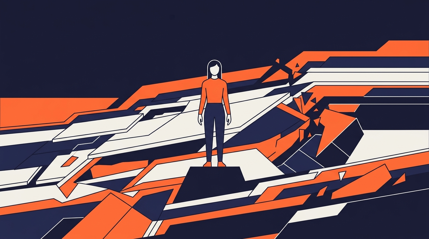 A figure standing steady while the landscape beneath shifts into new shapes