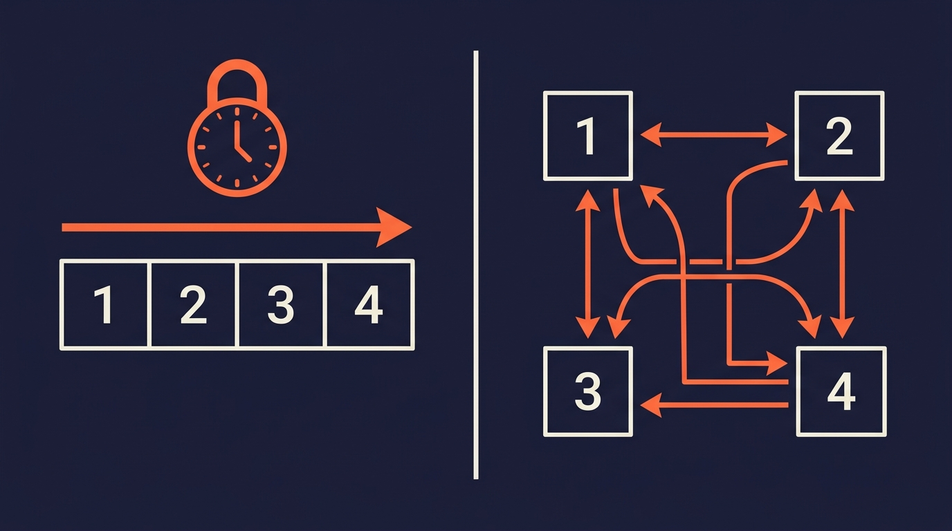 Split illustration comparing a fixed broadcast schedule with an on-demand grid of choices