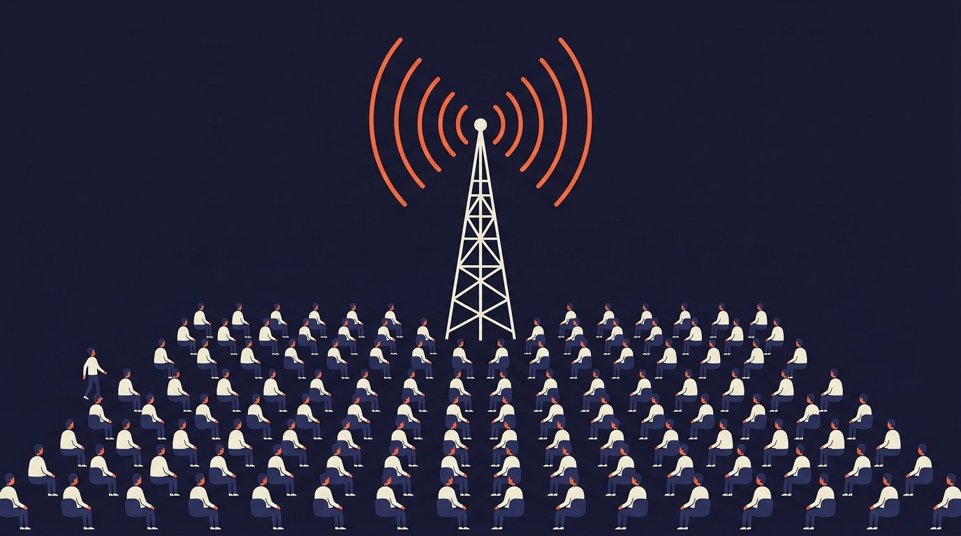 A broadcast tower transmitting to many identical seated figures in neat rows