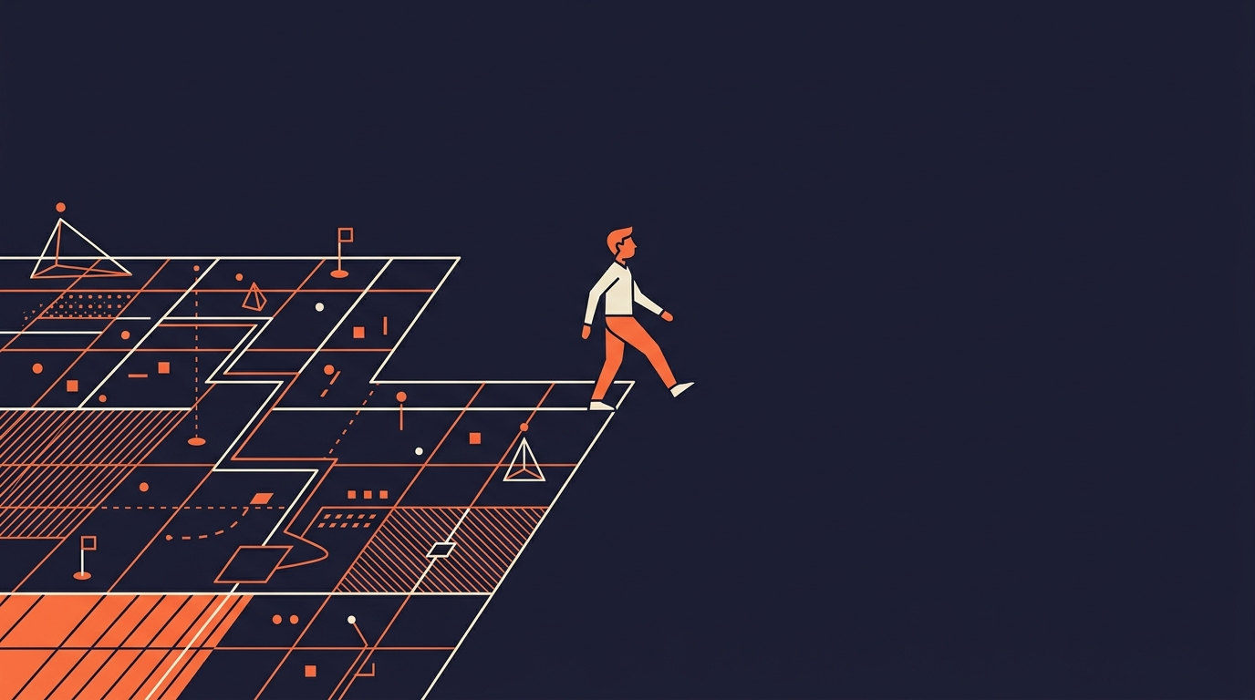 A figure at the edge of an unmarked map, setting out with no guide