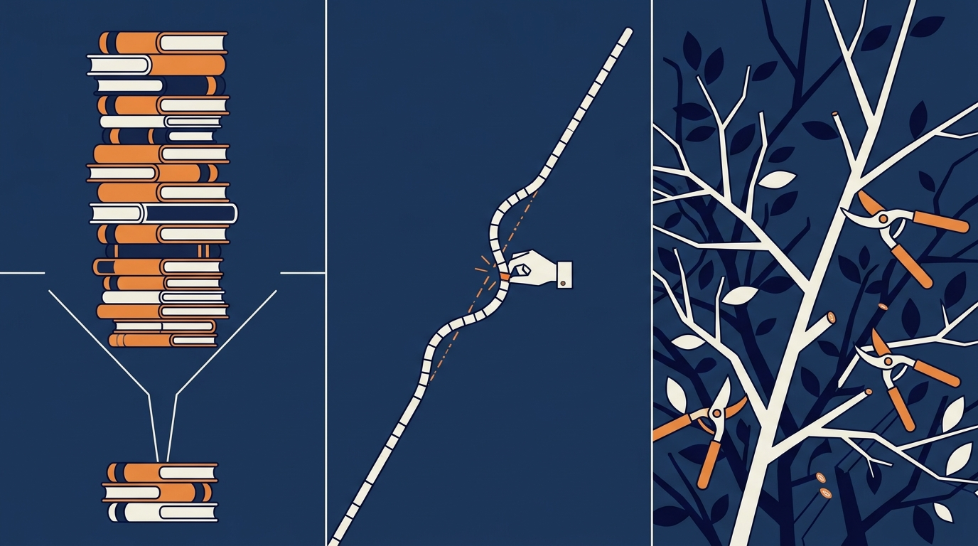 Three panels showing compression, correction, and pruning as visual operations